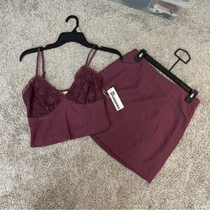 NWT Lace-Trim Ribbed Cami and Skirt Set in Plum